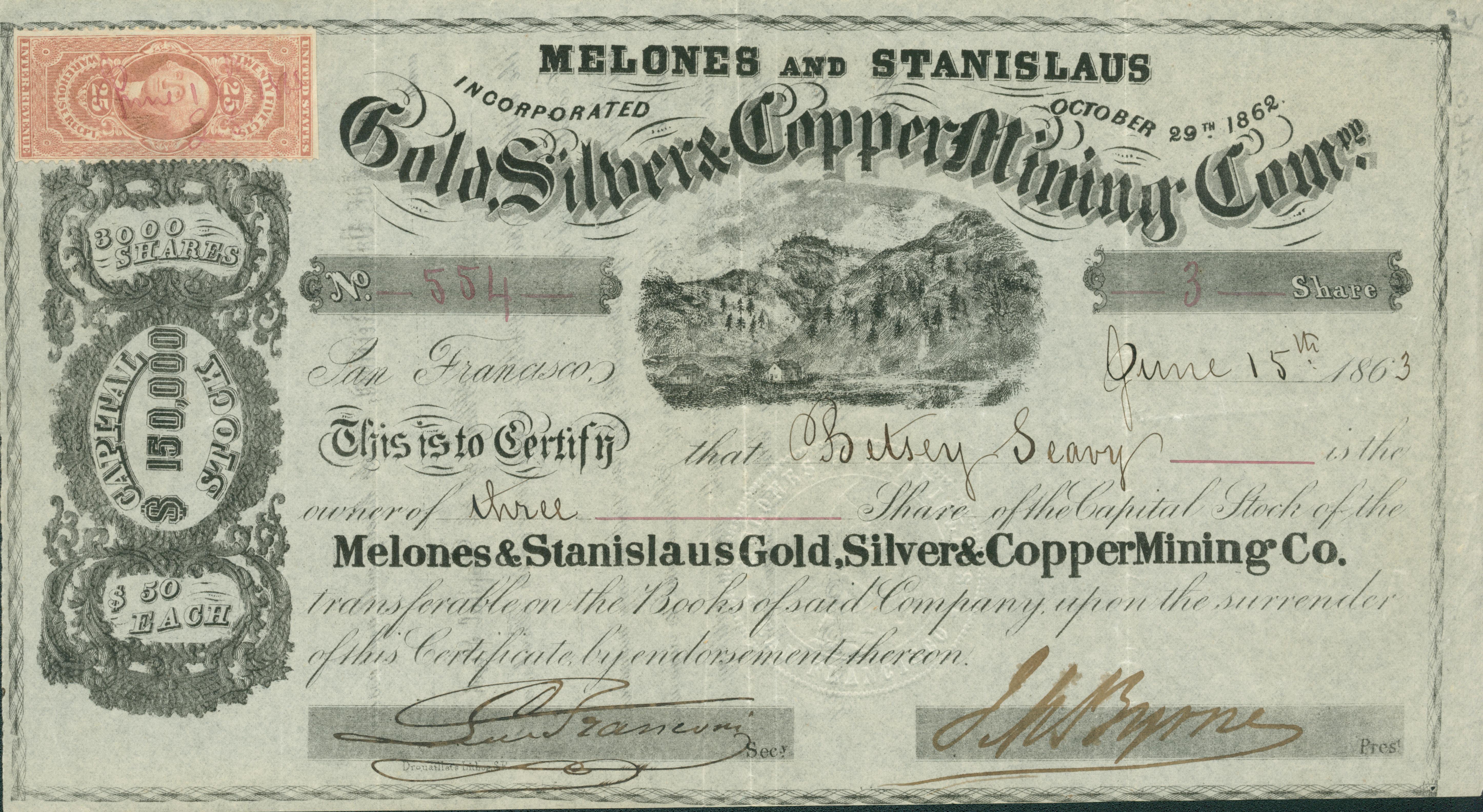 Certificate, No. 554 for 3 Shares, signed by Betsey Seavy.